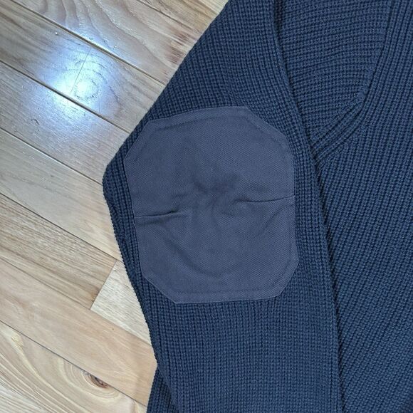 Vintage Orvis Commando Henley Fisherman Sweater Large Elbow Patches Heavy Black - Picture 2 of 7